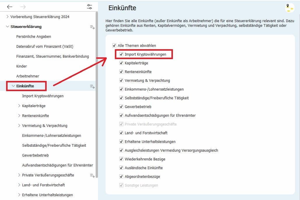 Einkünfte Übersicht Themenfilter - SteuerSparErklärung x CoinTracking