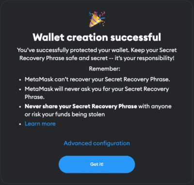 Confirm MetaMask recovery phrase step 2