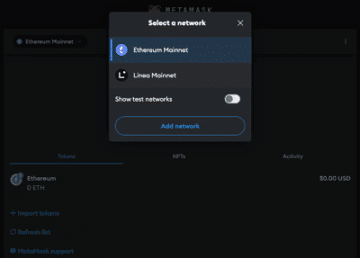 Open network menu in MetaMask