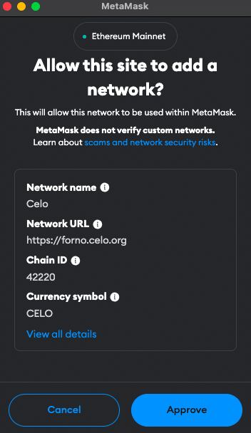 MetaMask approval notification