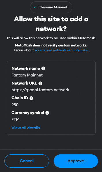 MetaMask approval notification