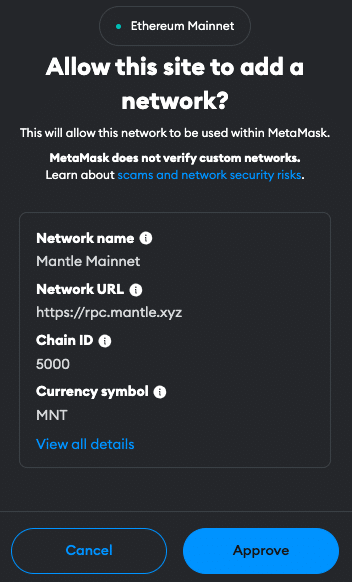 MANTLE to MetaMask