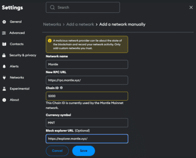 MANTLE to MetaMask
