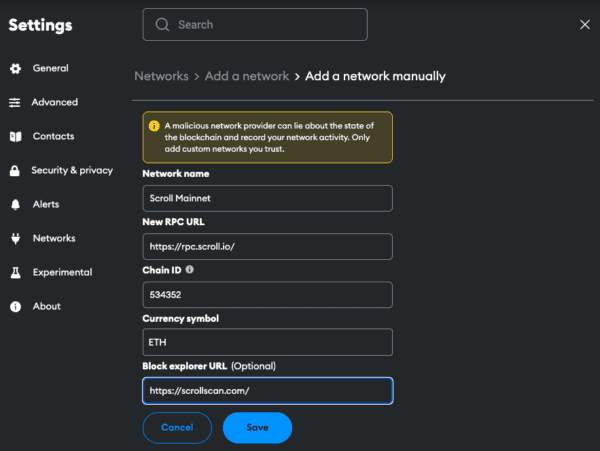Scroll network details form