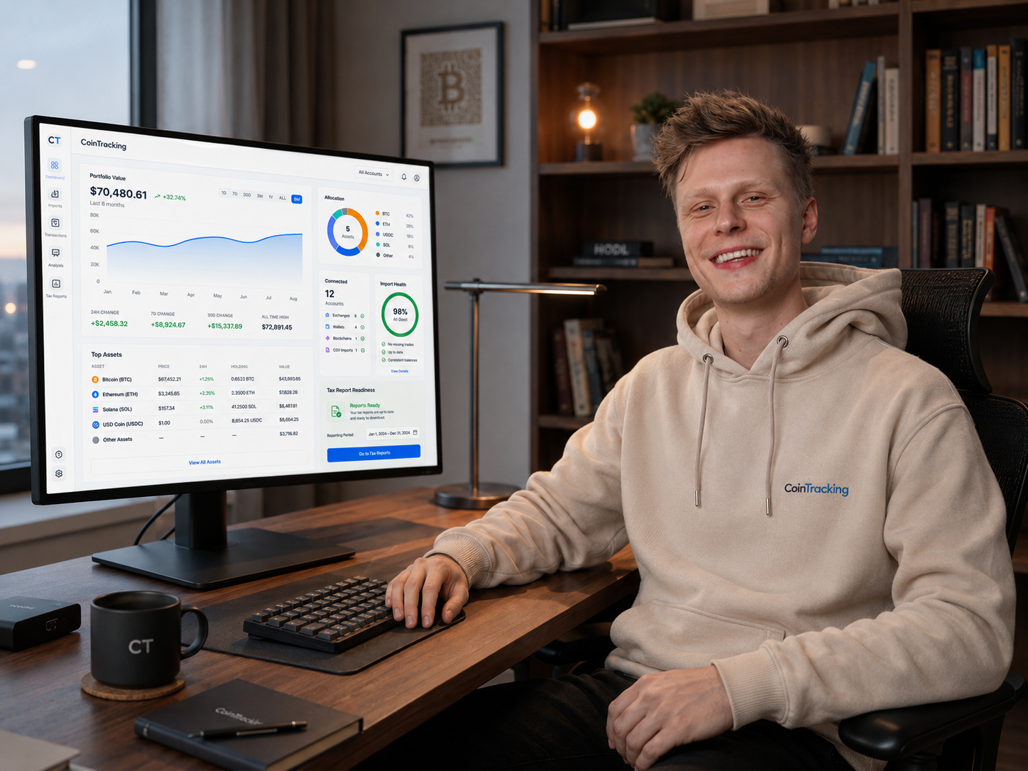 CoinTracking user reviewing a crypto portfolio dashboard on a desktop monitor
