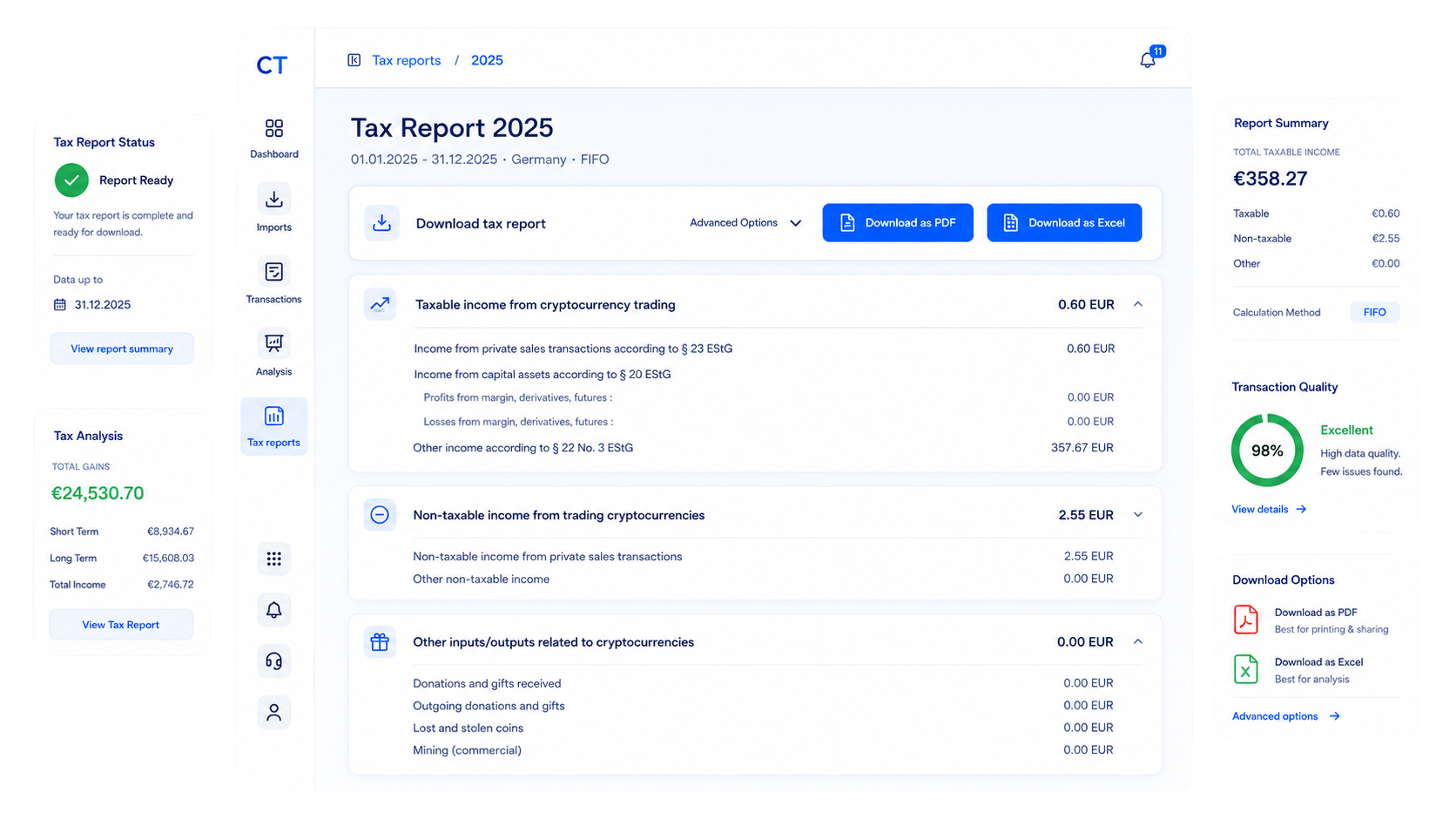 CoinTracking dashboard tax overview