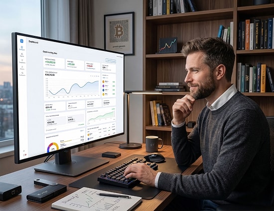 Person working at desk with CoinTracking on monitor