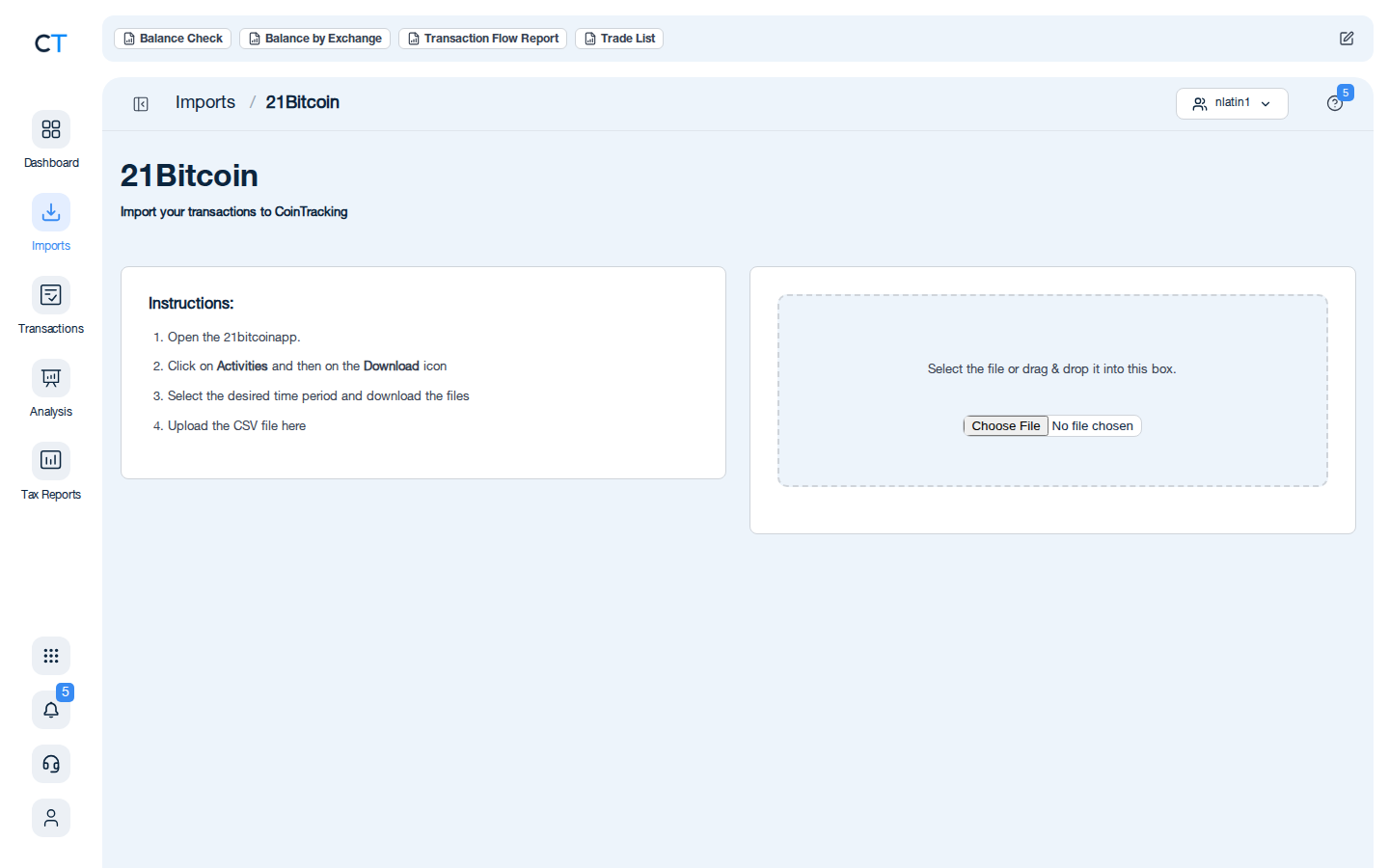 21bitcoin CSV import page with file upload button and step-by-step instructions