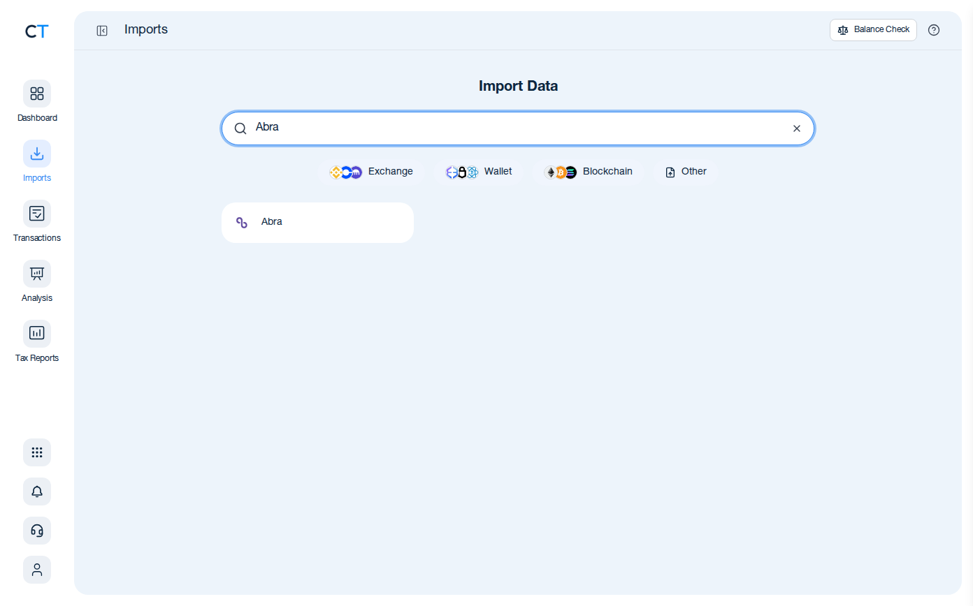 CoinTracking import search showing the Abra result card after typing 'Abra' in the search box