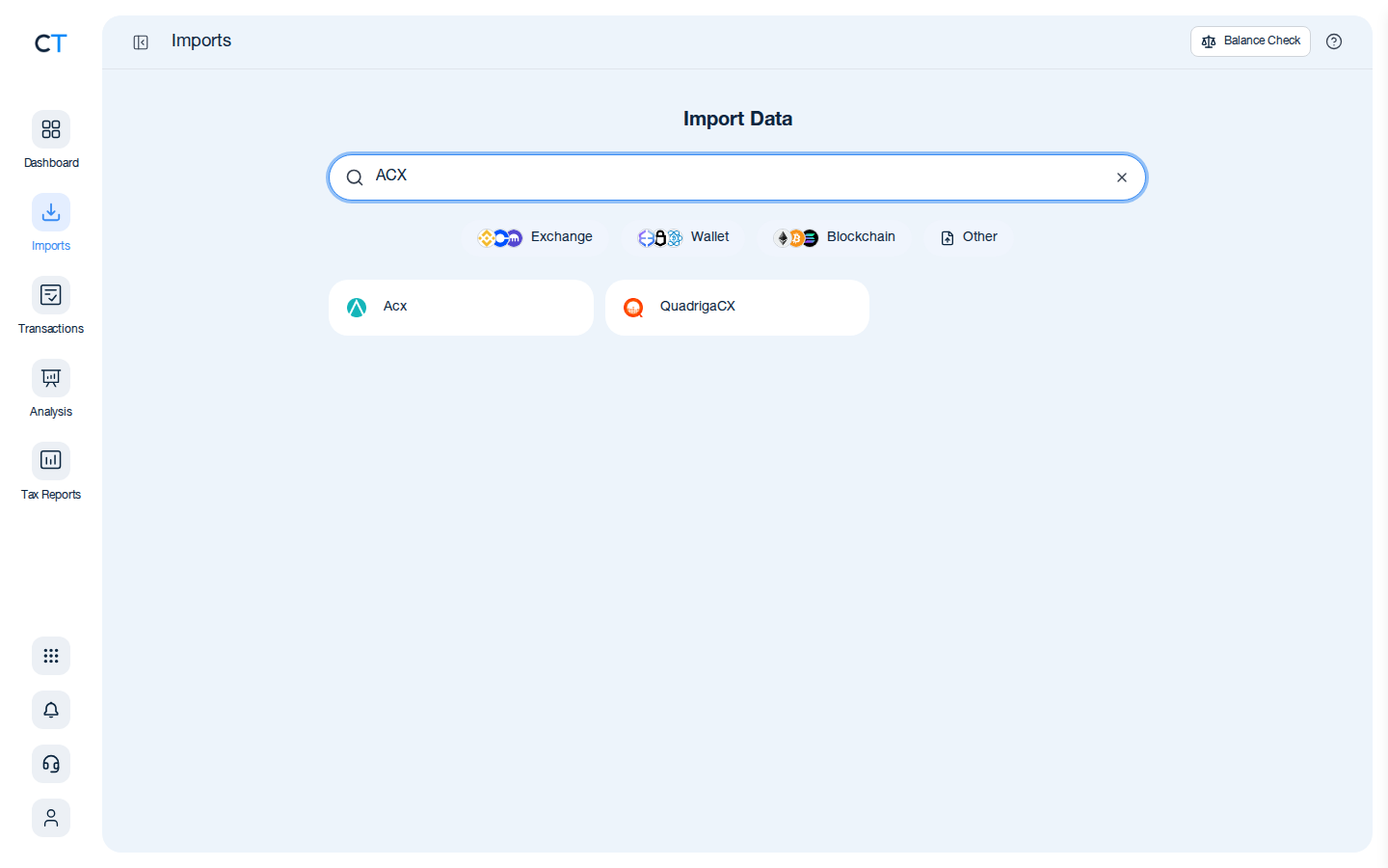CoinTracking import search showing the ACX result card after typing 'ACX' in the search box