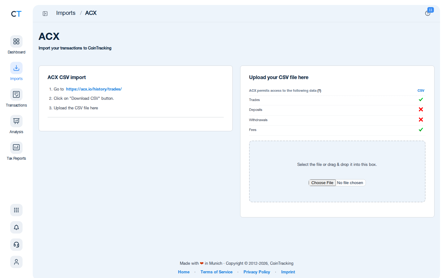 ACX import page in CoinTracking with CSV file upload area and Choose File button