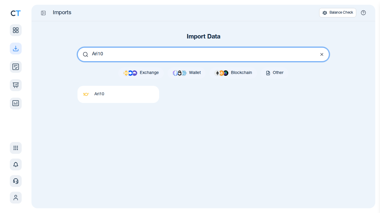 CoinTracking import search showing the Ari10 exchange card after typing Ari10 in the search box