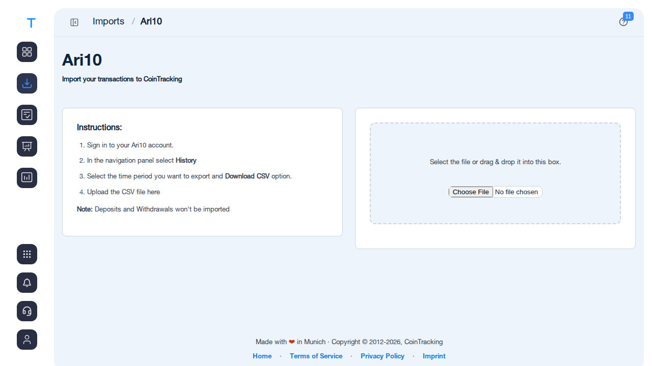 Ari10 CSV import page in CoinTracking showing the import instructions and file upload area