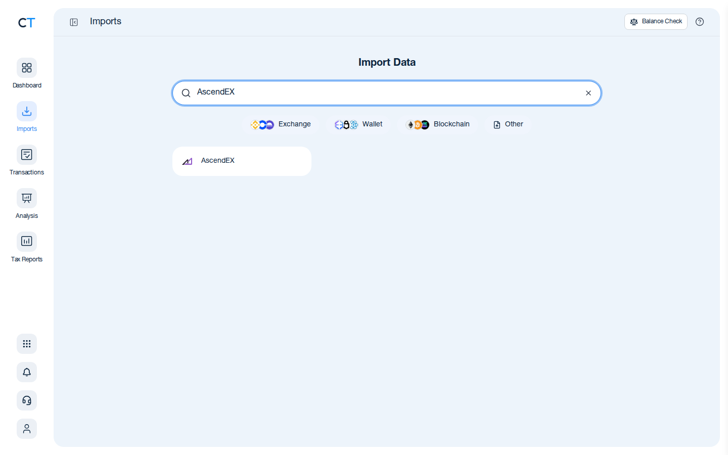 CoinTracking import search showing the AscendEX exchange card after typing AscendEX in the search box