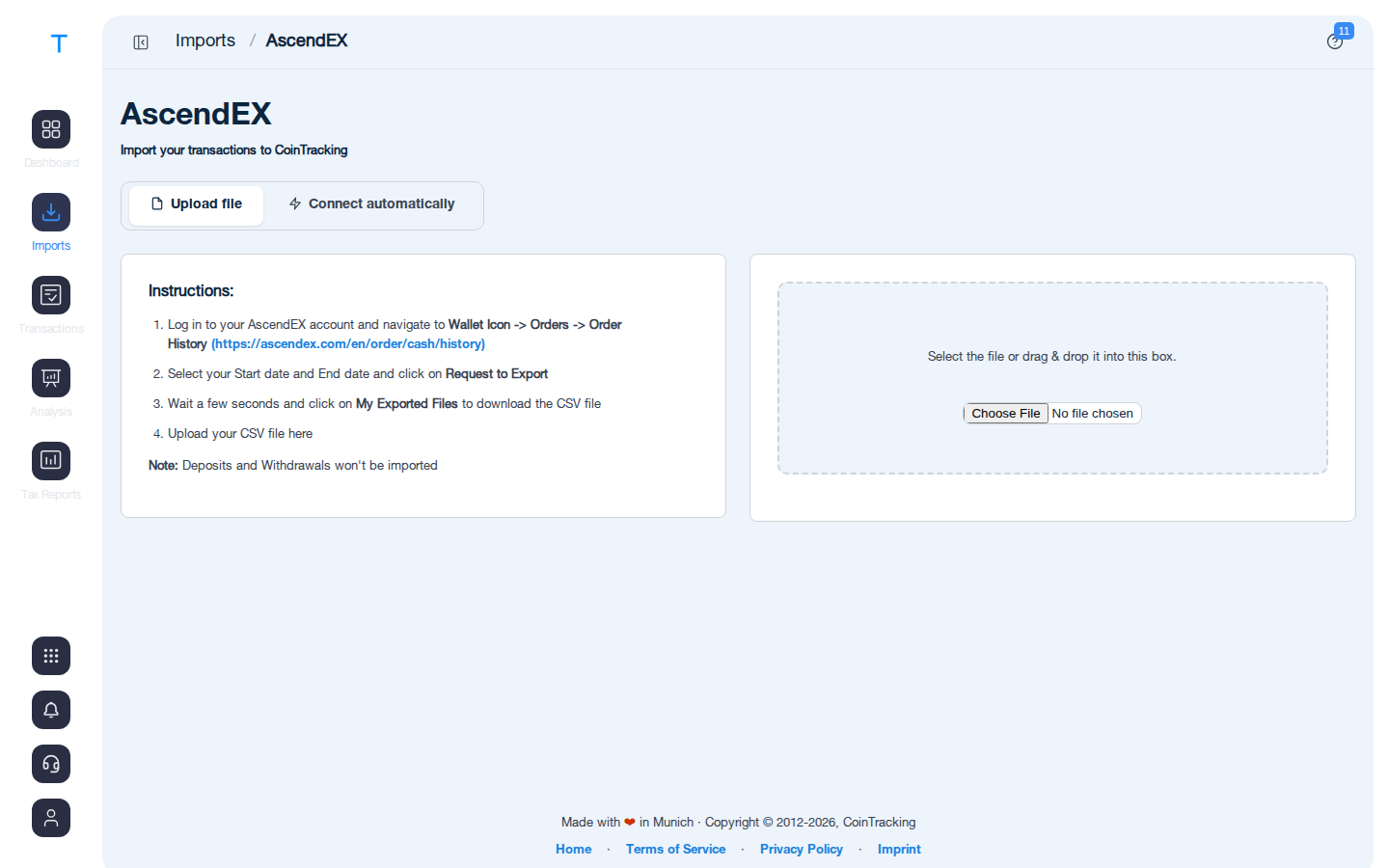 AscendEX import page in CoinTracking showing API key fields and CSV upload option