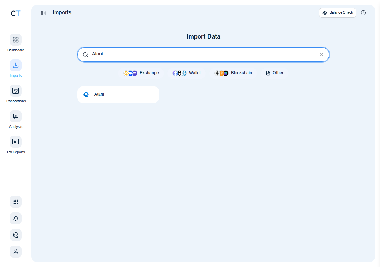 CoinTracking import search showing the Atani card after typing Atani in the search box