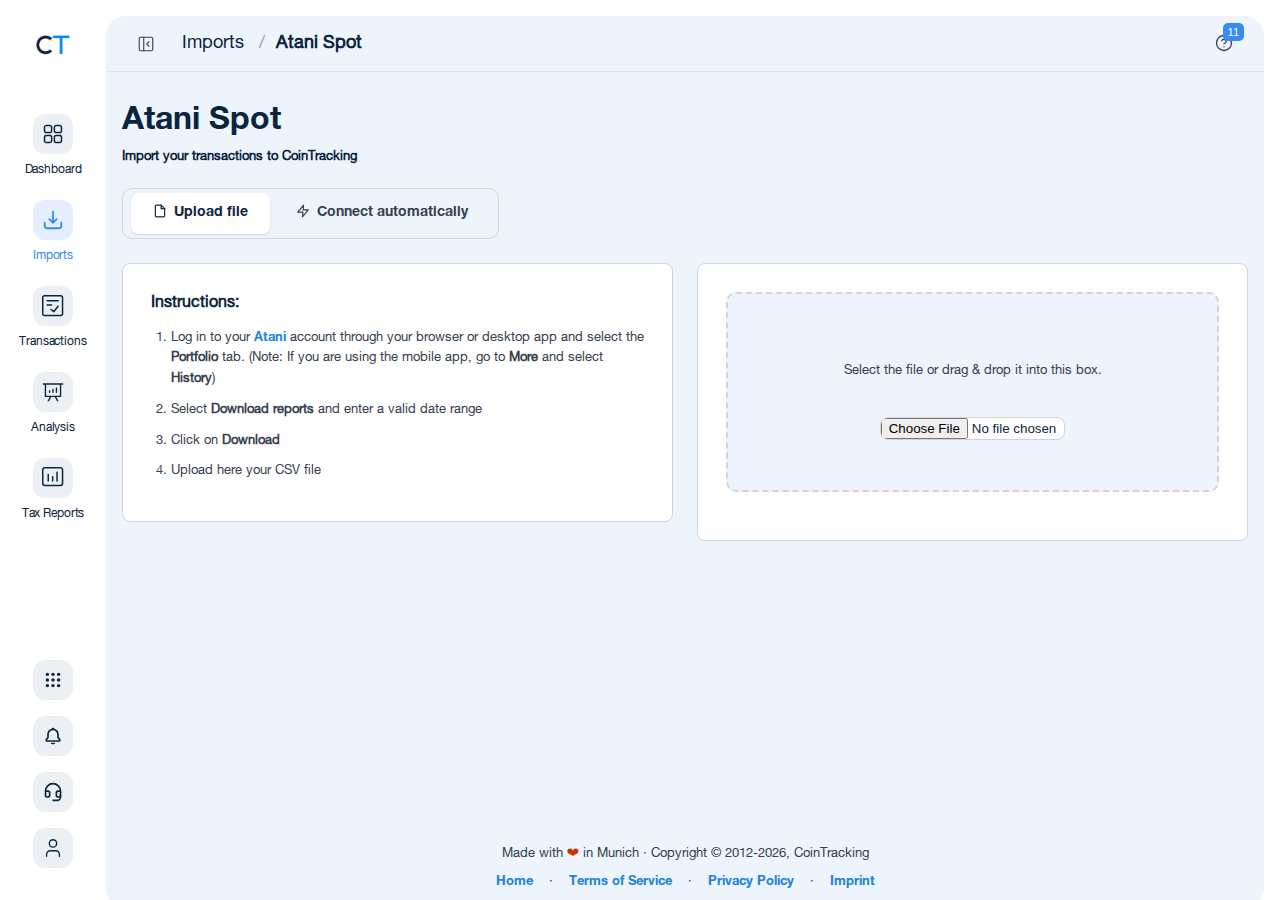 Atani import page in CoinTracking with options to upload CSV or connect via API