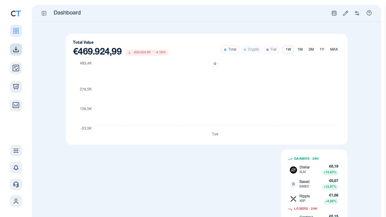 CoinTracking Dashboard with the Import icon highlighted in the left navigation
