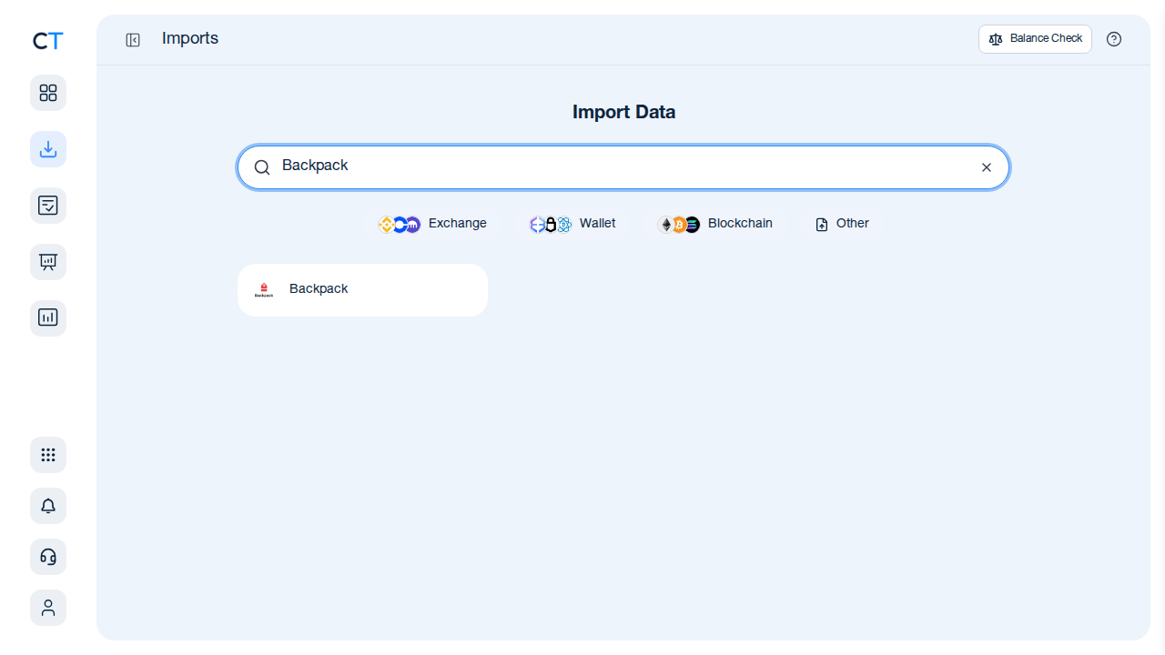 CoinTracking import search showing the Backpack exchange card after typing Backpack in the search box