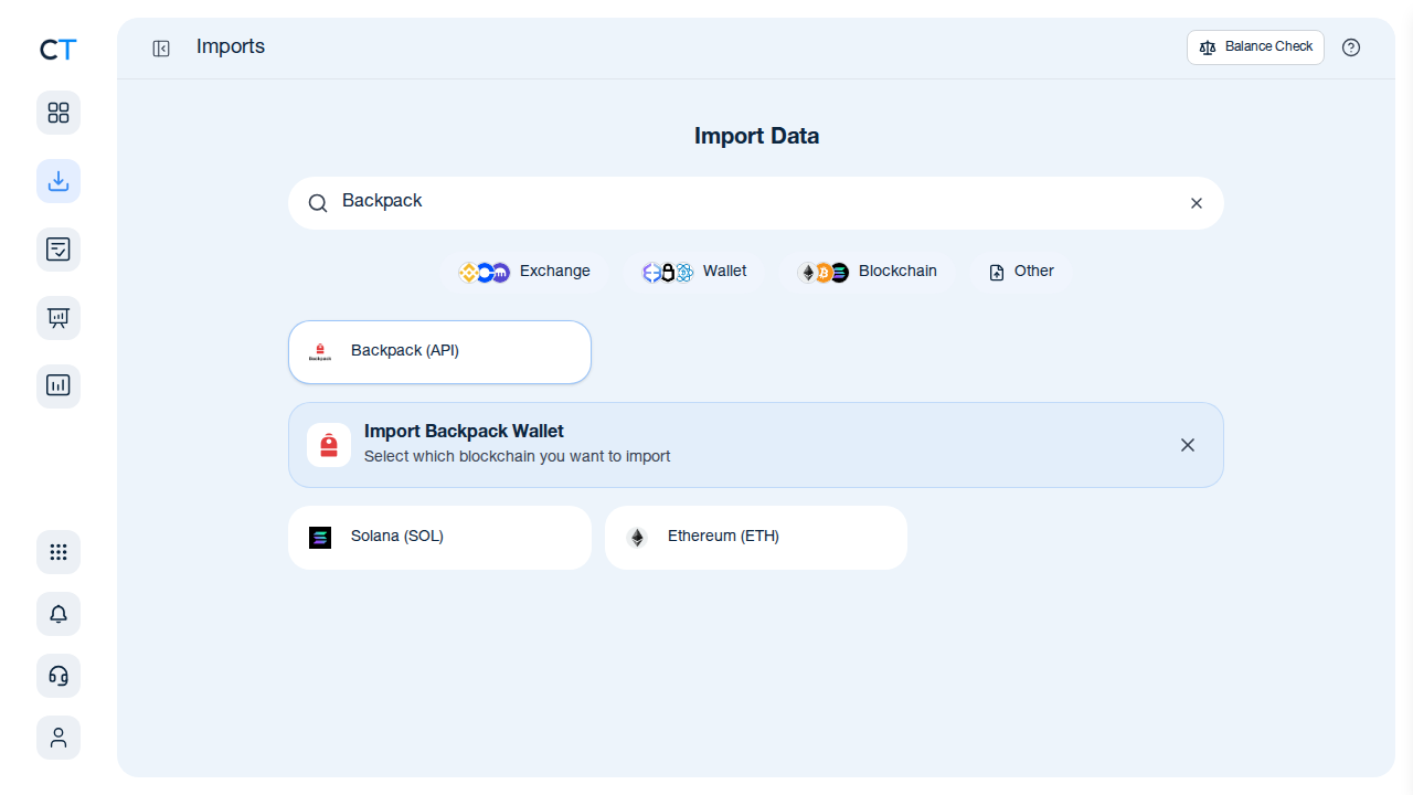 Backpack CSV import page in CoinTracking showing the import instructions and file upload area