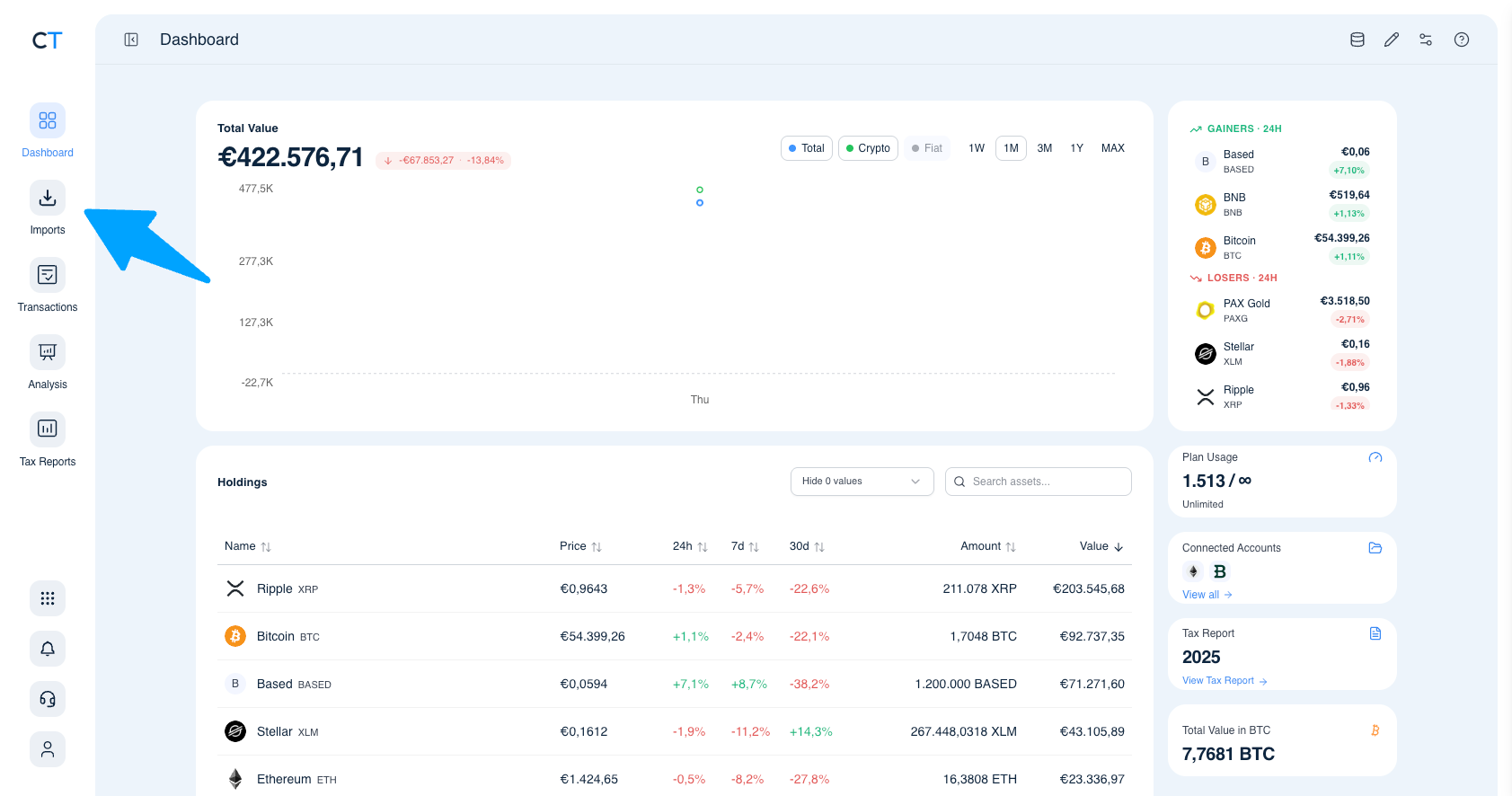 Panel de CoinTracking con el icono de importación destacado en la navegación izquierda