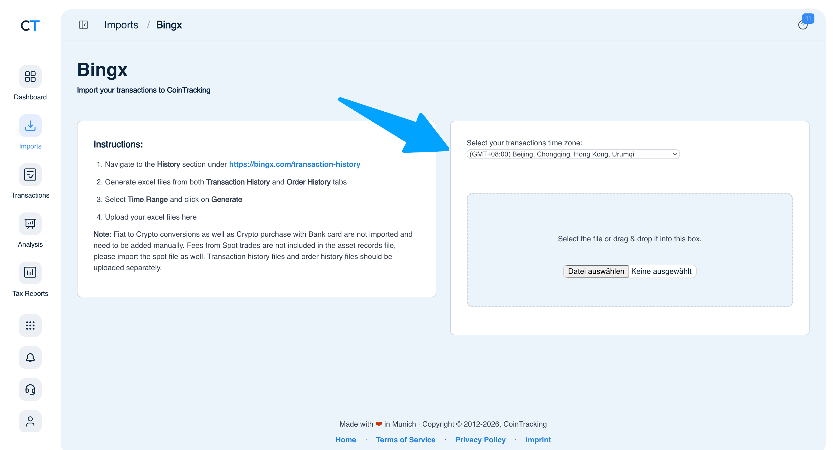 Importación de BingX en CoinTracking con selector de zona horaria y campo de subida de archivo