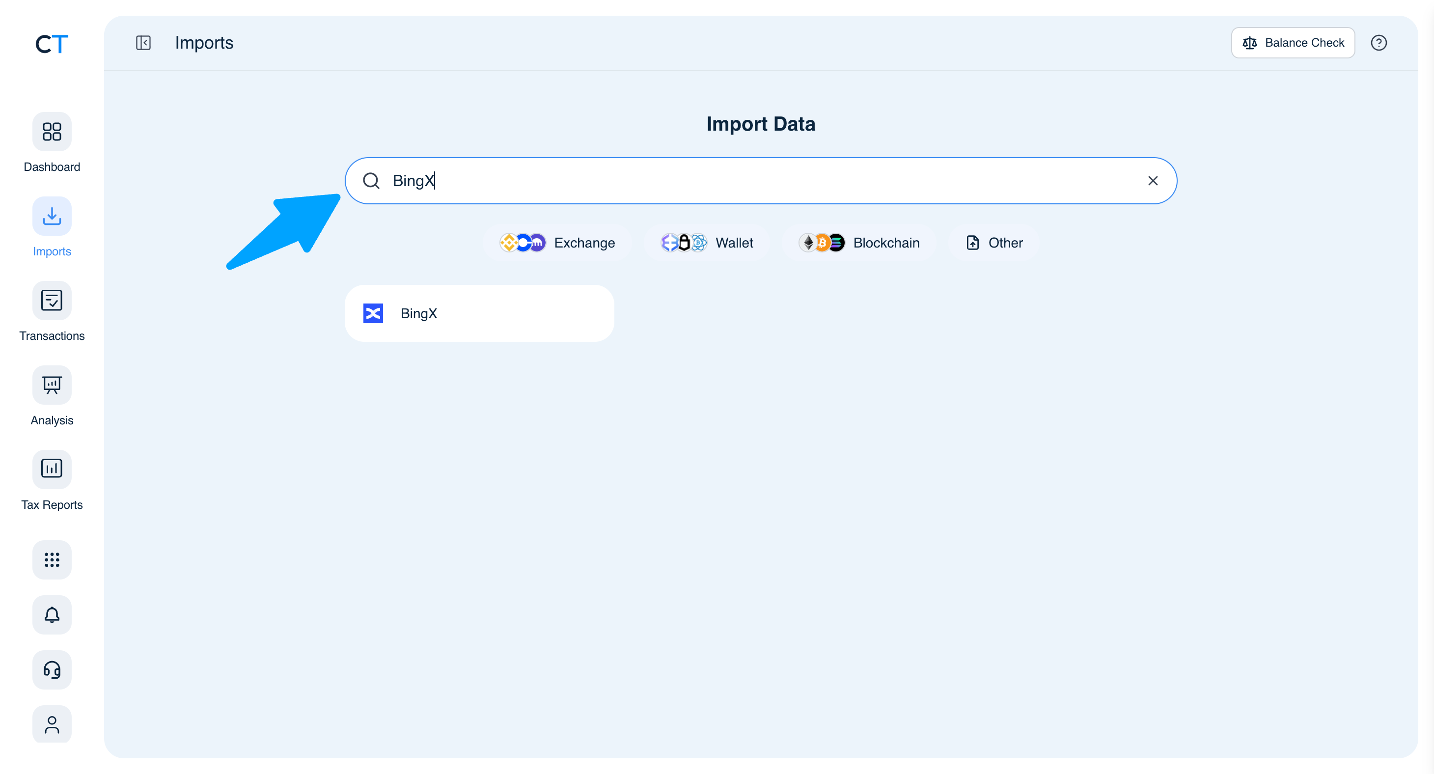 CoinTracking Import search showing BingX result