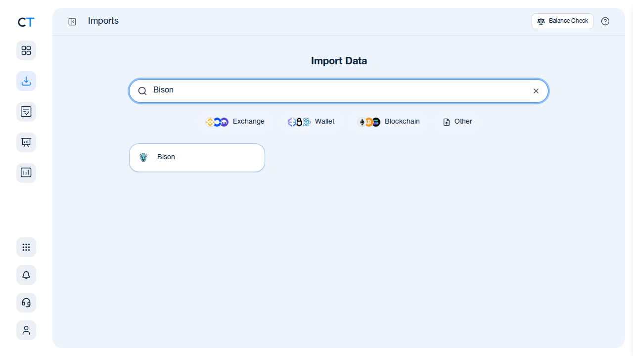 CoinTracking import search showing the Bison exchange card after typing Bison in the search box