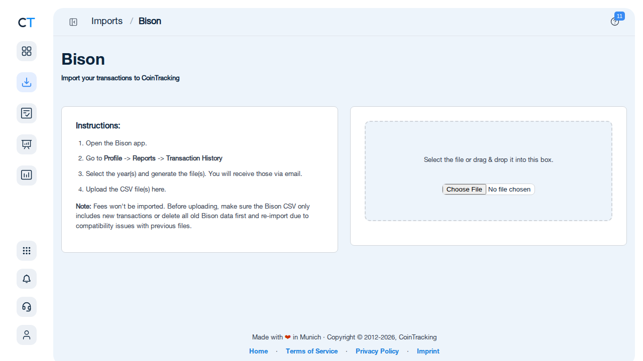 Bison CSV import page in CoinTracking showing the import instructions and file upload area