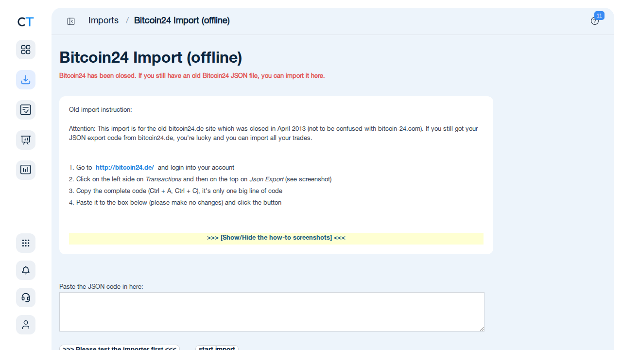CoinTracking Bitcoin24 Import page showing the offline notice and import instructions