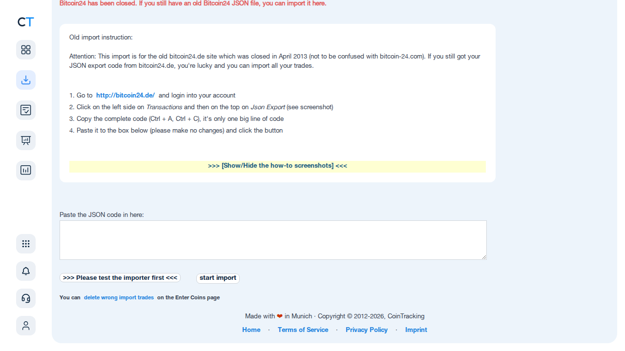 Bitcoin24 import page in CoinTracking showing the JSON paste area and start import button