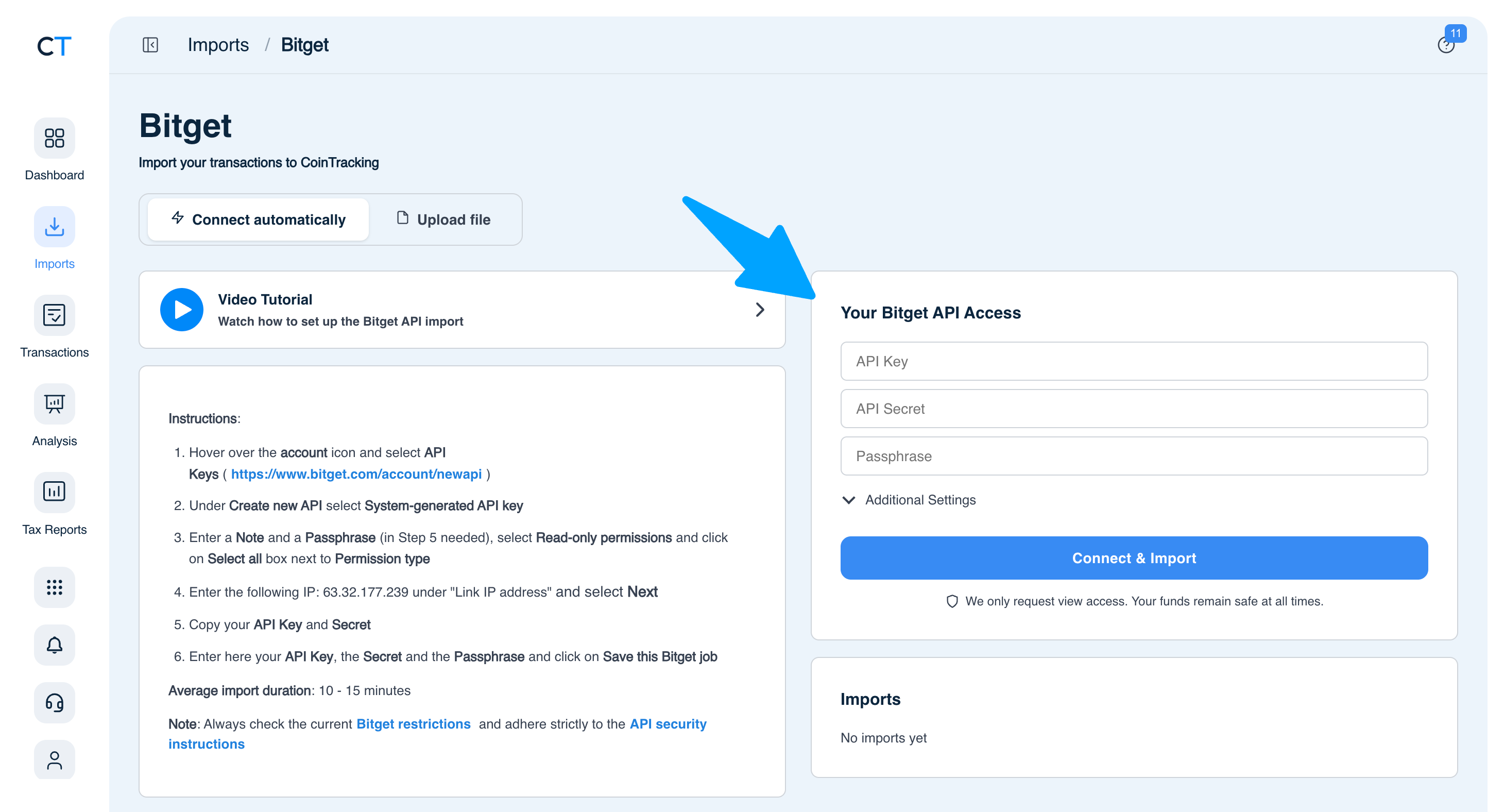 CoinTracking Bitget import page showing Connect automatically tab with API Key, API Secret and Passphrase fields