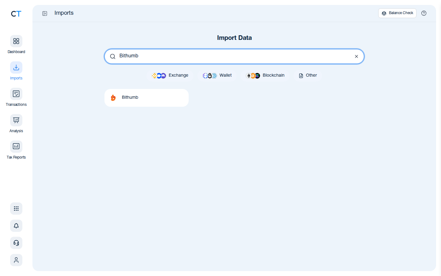 CoinTracking import search showing the Bithumb exchange card after typing Bithumb in the search box