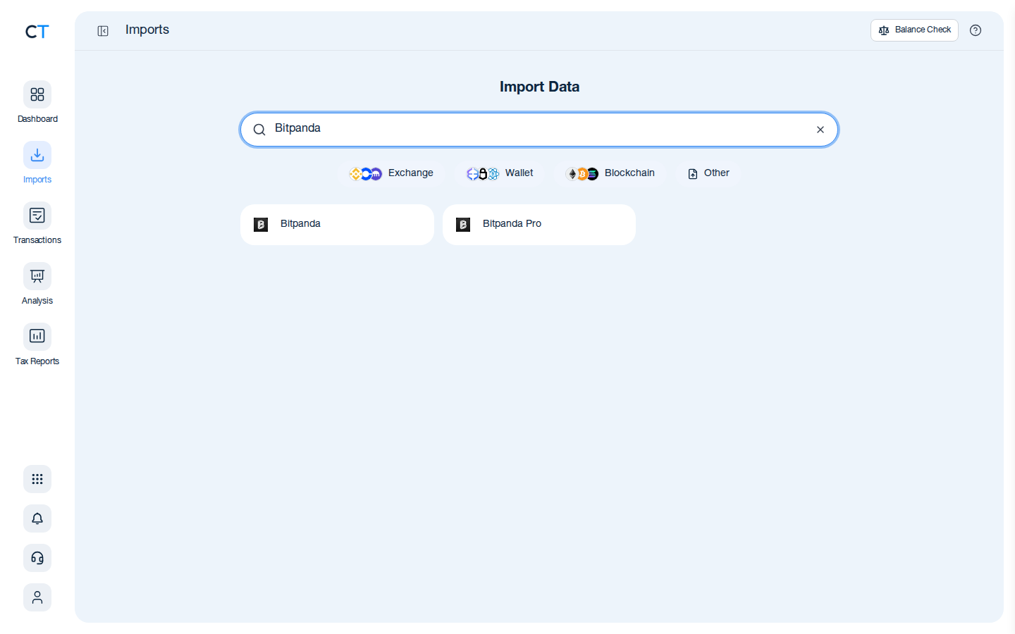 CoinTracking import search showing the Bitpanda exchange card after typing Bitpanda in the search box