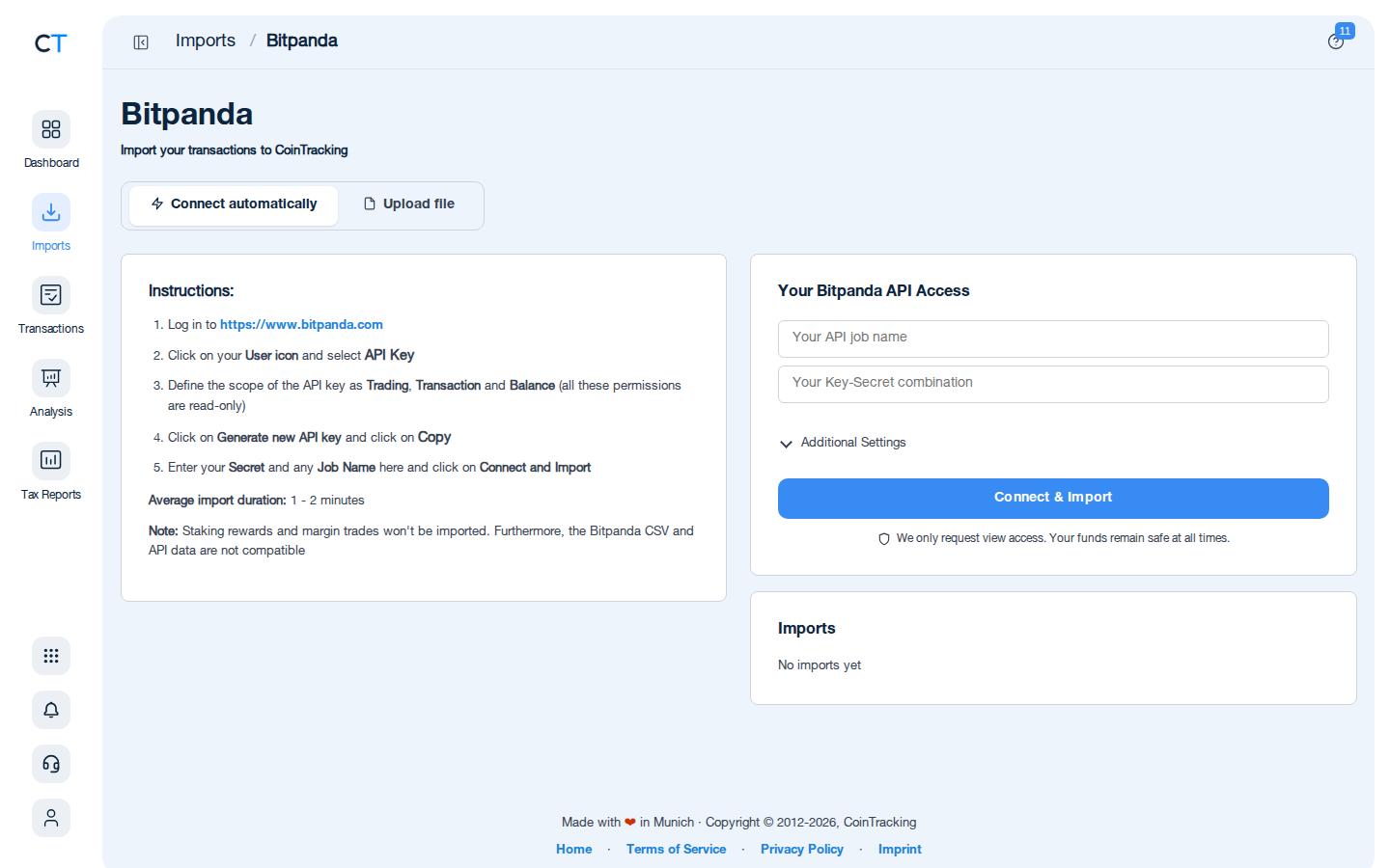 Bitpanda CSV import page in CoinTracking showing the import instructions and file upload area