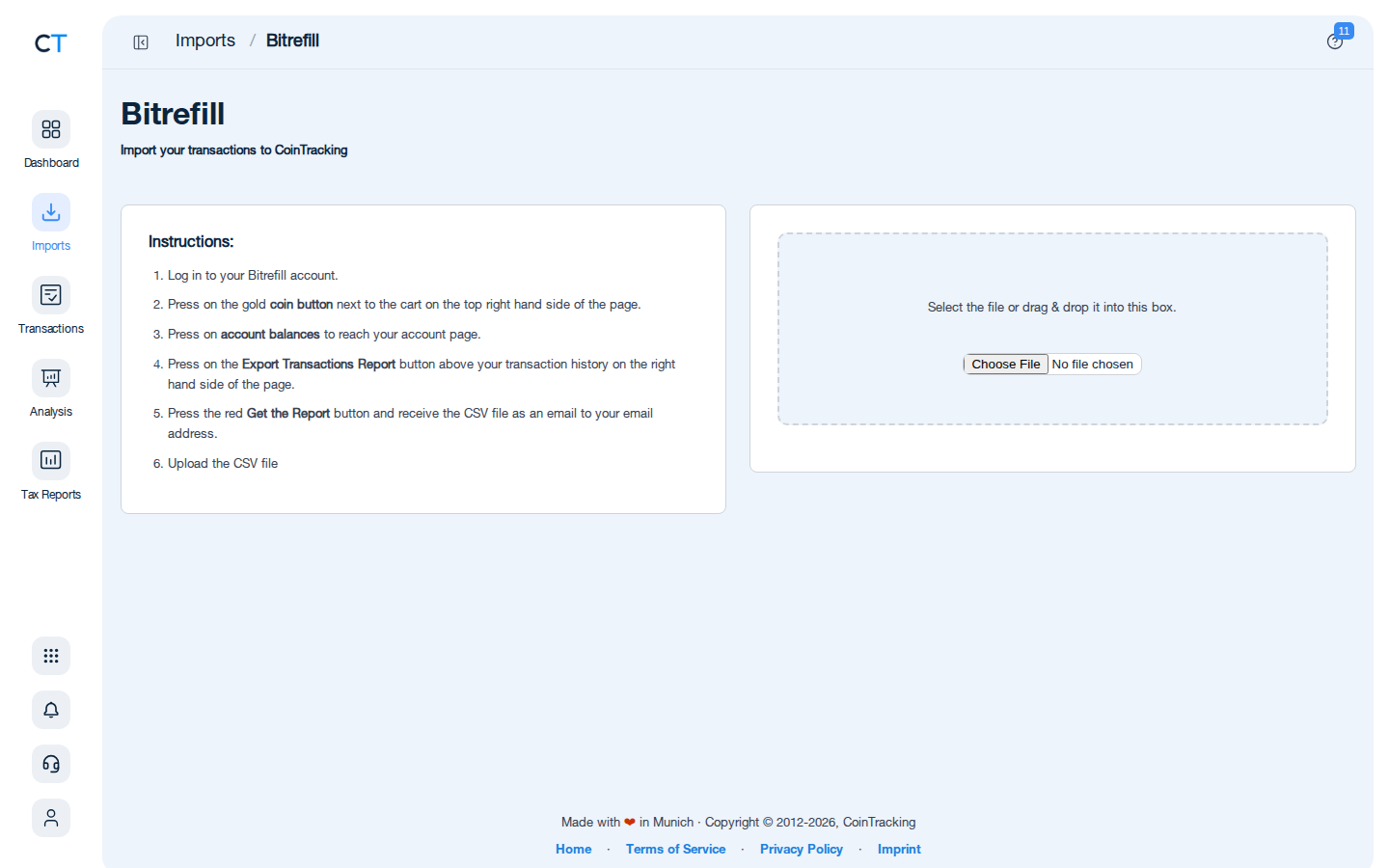 Bitrefill CSV import page in CoinTracking showing the import instructions and file upload area