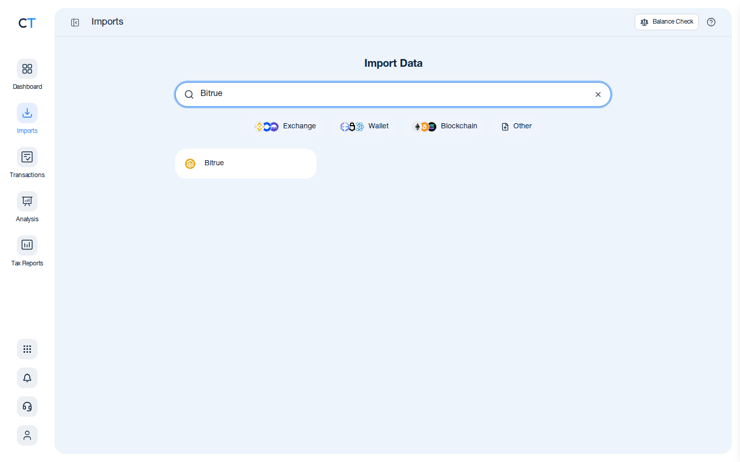 CoinTracking import search showing the Bitrue exchange card after typing Bitrue in the search box