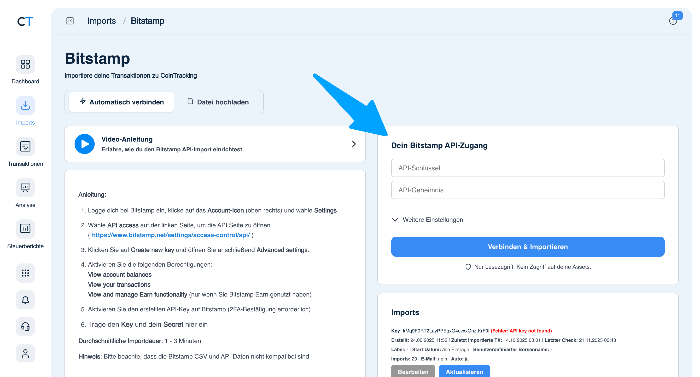 CoinTracking Bitstamp Import mit API-Schlüssel und API-Geheimnis Feldern und Verbinden-Button