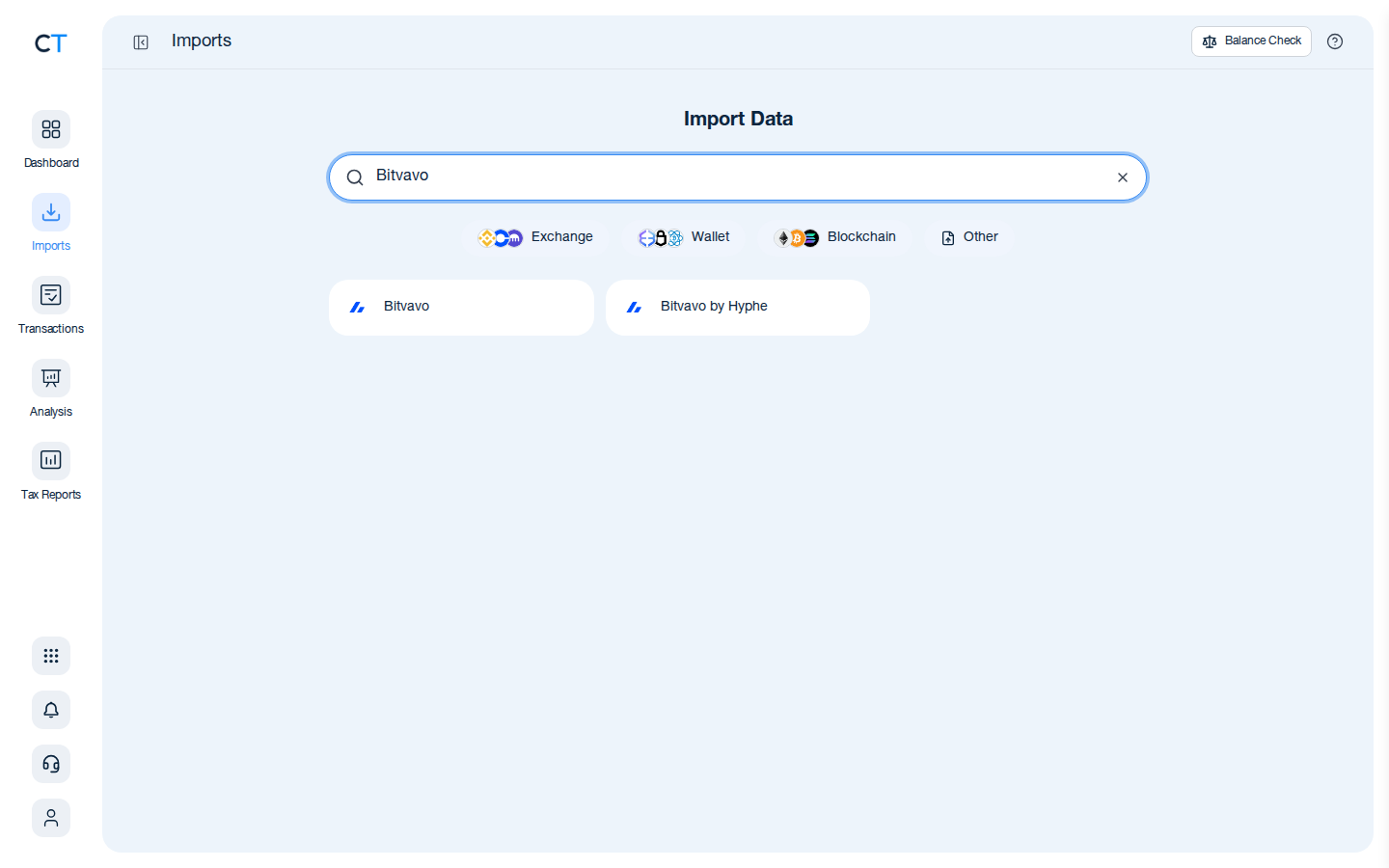 CoinTracking import search showing the Bitvavo exchange card after typing Bitvavo in the search box