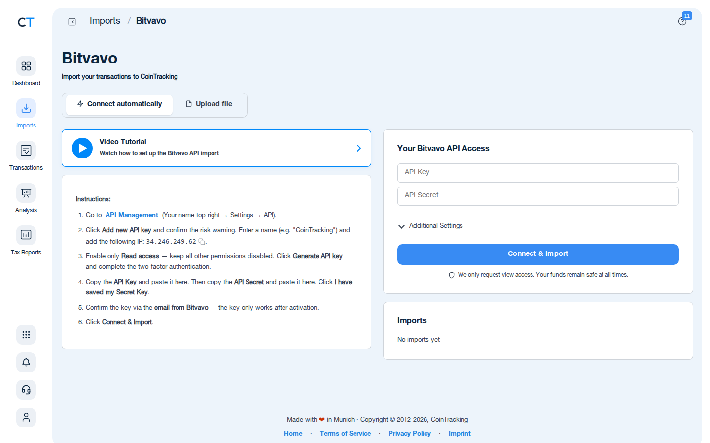 Bitvavo import page in CoinTracking showing the API connection and CSV upload options