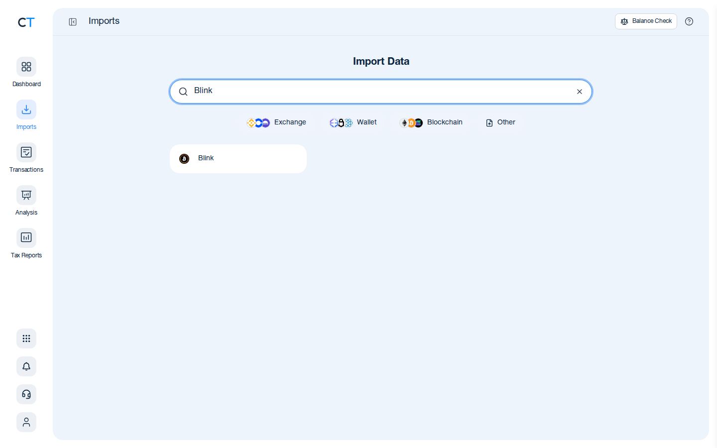 CoinTracking import search showing the Blink wallet card after typing Blink in the search box