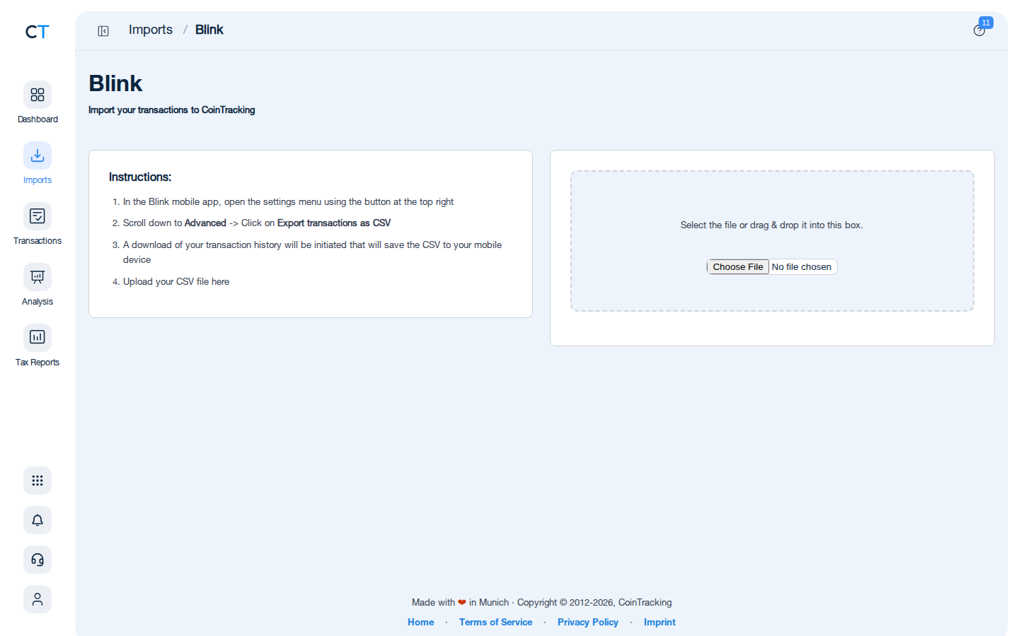 Blink CSV import page in CoinTracking showing the import instructions and file upload area