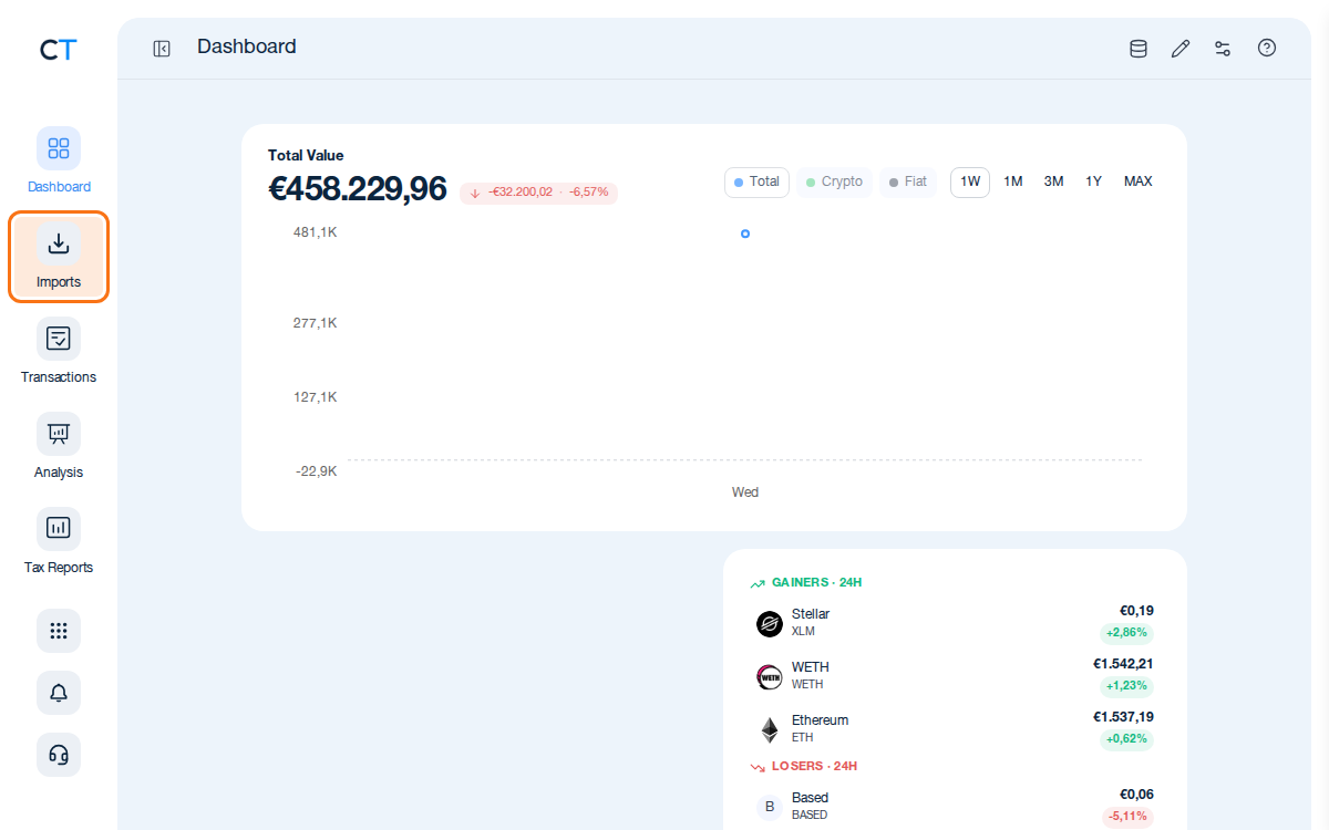 CoinTracking Dashboard with the Import icon highlighted in the left navigation
