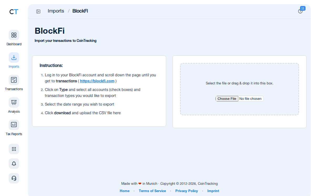 BlockFi CSV import page in CoinTracking showing the import instructions and file upload area