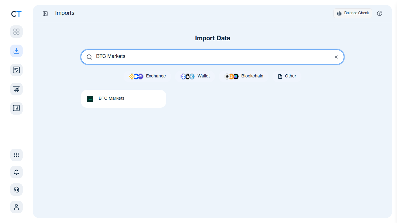 CoinTracking import search showing the BTC Markets exchange card after typing BTC Markets in the search box