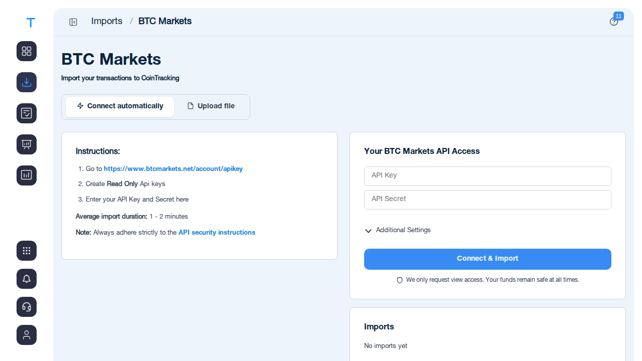 BTC Markets API import page in CoinTracking showing API Key and API Secret fields with a Connect and Import button
