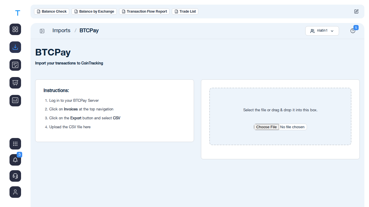 BTCPay CSV import page in CoinTracking with instructions and a Choose File upload button