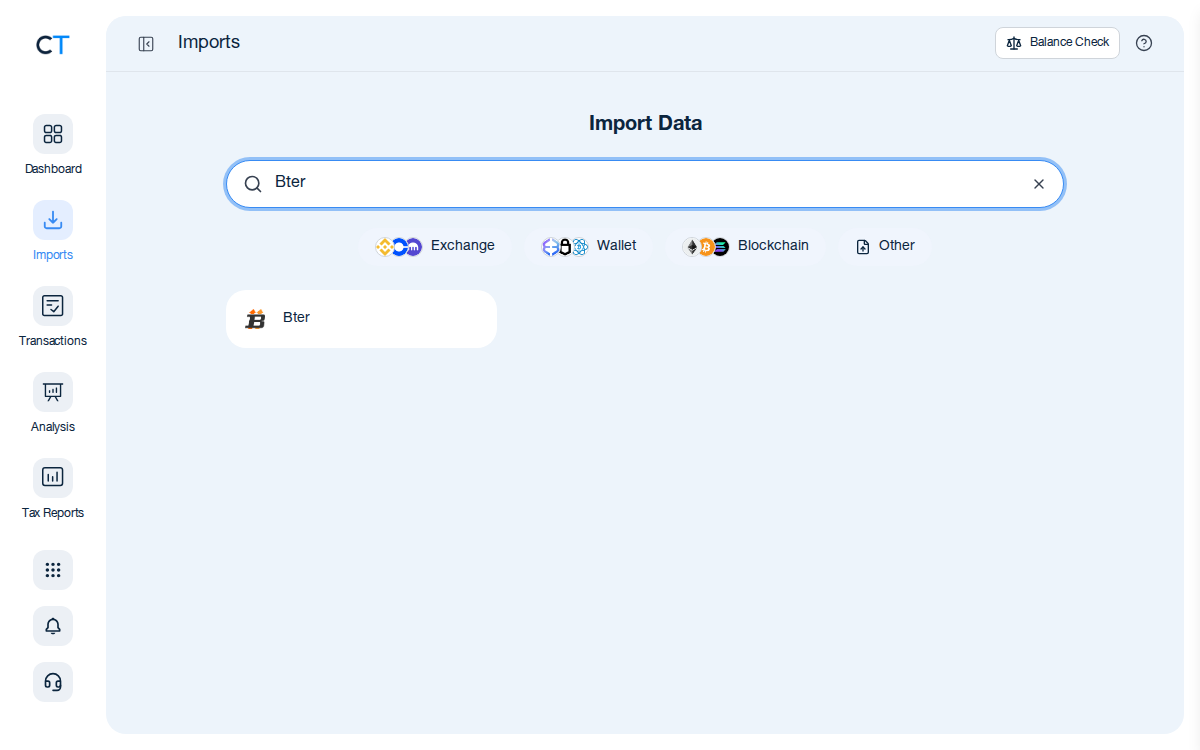 CoinTracking import search showing the Bter exchange card after typing Bter in the search box