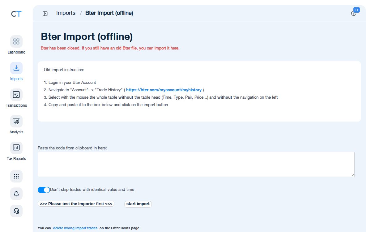 Bter CSV import page in CoinTracking showing the import instructions and file upload area