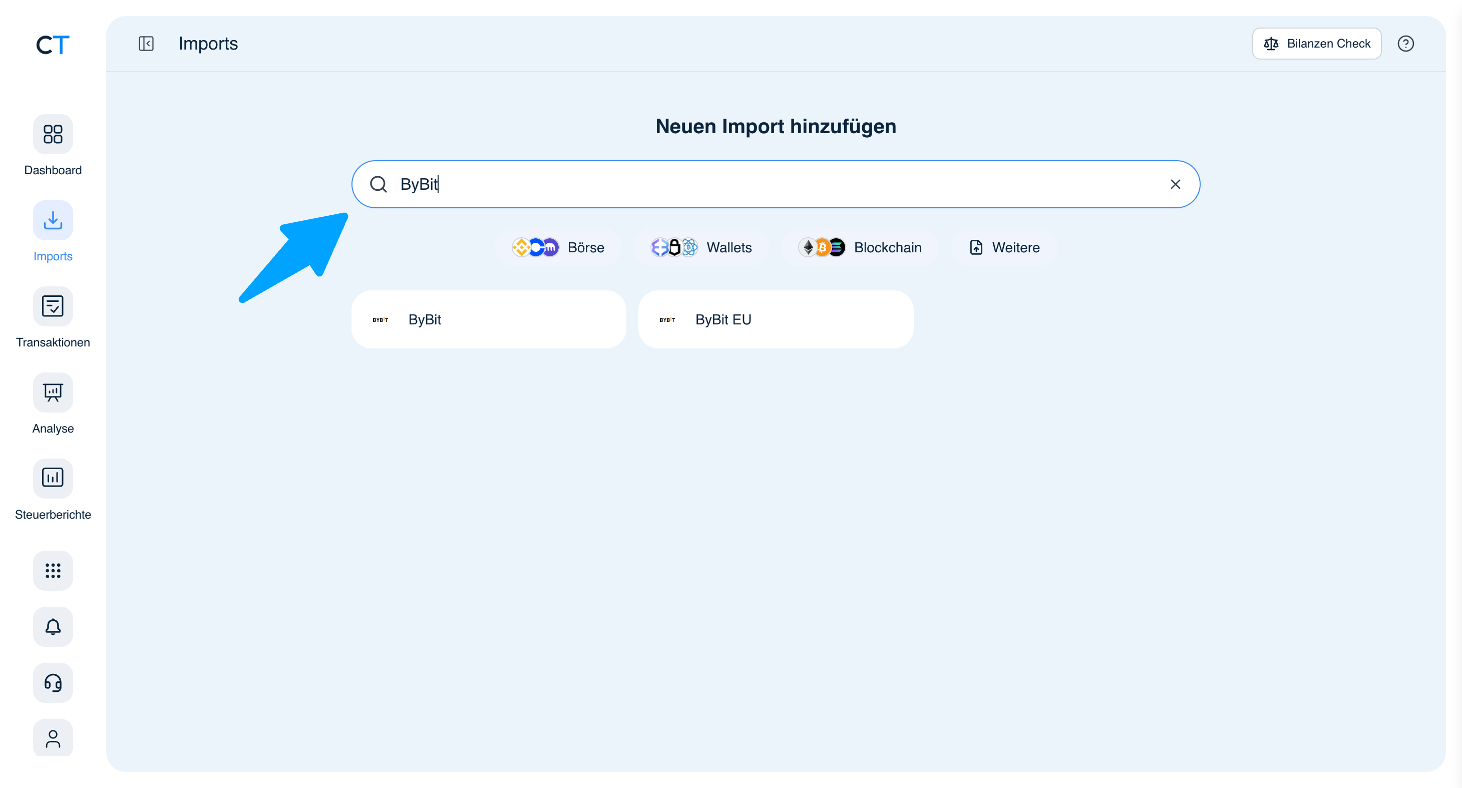 CoinTracking Import-Suche mit ByBit-Ergebnissen: ByBit und ByBit EU